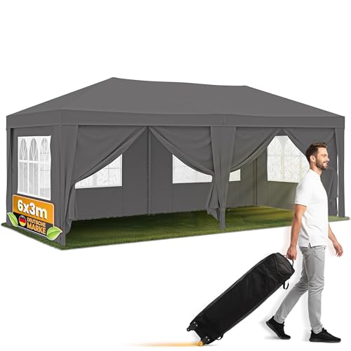 NATURIZ® Pavillon 3x6 Wasserdicht, Stabil und UV 50+ Schutz - Faltpavillon mit Seitenwänden Winterfest - Pop Up Zelt für Garten, Camping, Märkte - Partyzelt, Gartenpavillon, Gartenzelt (Grau, 3x6m)
