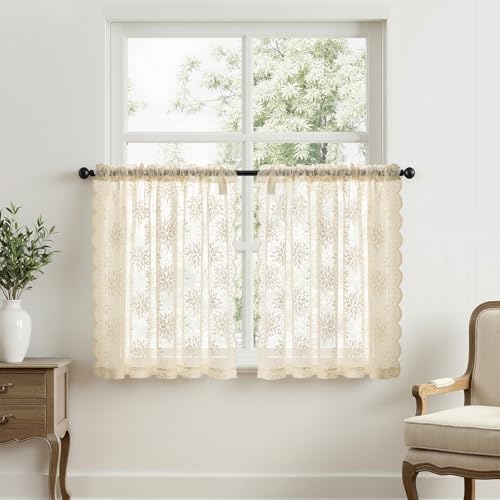 Image of MIULEE Vintage Floral Scalloped Lace Curtains 2 Panels, Cream 52 inch W x 36 inch L