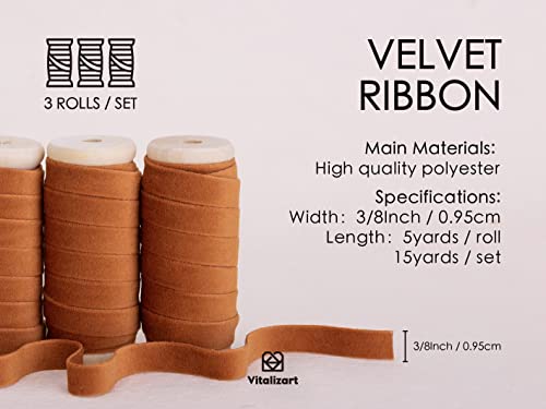 Vitalizart Terracotta Velvet Ribbon Set 3/8" x 5Yd x 3 Rolls, Wooden Spool - Image 2