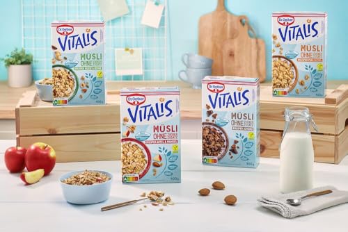 Dr. Oetker Vitalis Müsli ohne Zuckerzusatz 4er Probier-Set, in den Sorten Knusper Pur, Knusper Schoko, Knusper Nüsse & Kerne, Apfel & Mandel, für eine bewusste und zuckerarme Ernährung