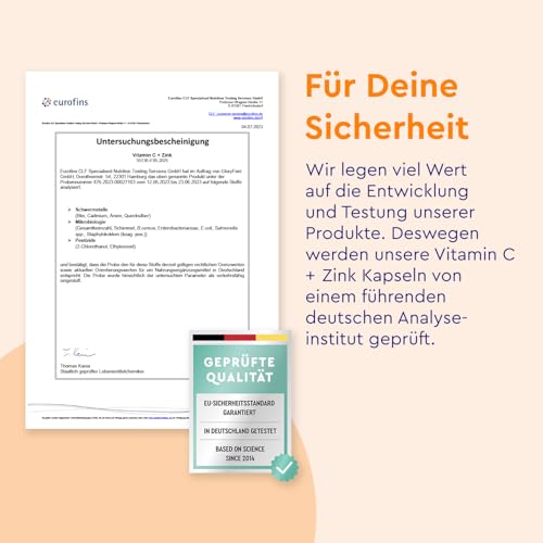 Vitamin C Hochdosiert 1000mg + Zink 20mg - 180 Kapseln - Pflanzlich fermentiert & gepuffert (pH-neutral, säurefrei, magenschonend) - Laborgeprüft, vegan ohne Zusätze hergestellt