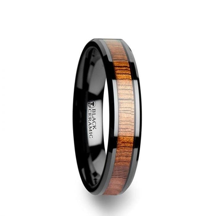 ACACIA Koa Wood Inlaid Black Ceramic Ring with Bevels - 4mm - 12mm2