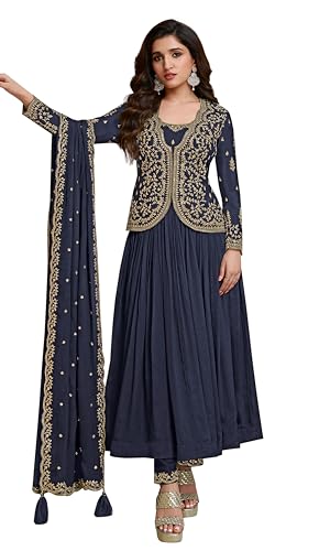 Image of TRENDMALLS Women's Silk Blend Embroidery Sequence Work Anarkali Kurta Pant Set with Dupatta For Women