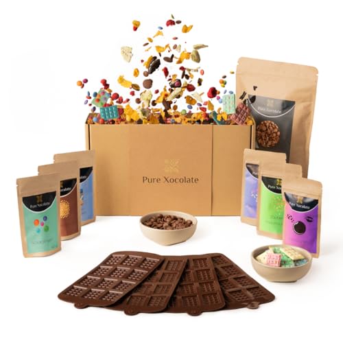 Pure Xocolate Schokolade selber machen Kreativset für 4 Kinder inkl. 400g Schokolade 6 bunte Toppings & Silikonform Kindergeburtstag drinnen DIY Set (Volle Größe Mini-Tafel-Silikonform)