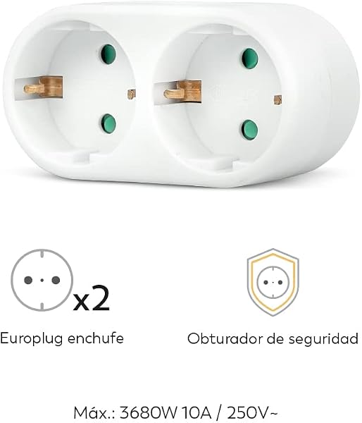 Garza - Adaptador Doble Frontal, (2 Tomas Schuko) | Ladrón Doble de enchufes con Toma de Tierra | Protección Infantil | Blanco - 2