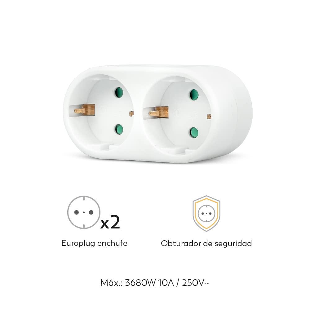 Garza - Adaptador Doble Frontal, (2 Tomas Schuko) | Ladrón Doble de enchufes con Toma de Tierra | Protección Infantil | Blanco — view 2