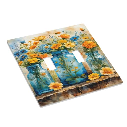Decorative Switch Covers Plate Rustic Yellow Flowers Floral Blue Bottles 2 Gang Wall Plate Oversized Double Toggle Light Switch Plate Wall Cover Plate Faceplate for Country Home Decor