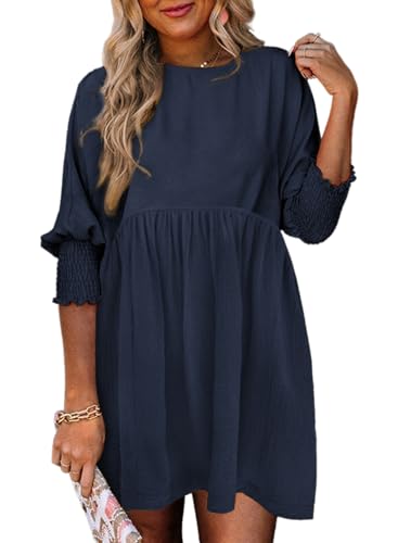 Dokotoo Fall Dresses for Women 2025 Empire Waist Cute Tunic Babydoll Dress Casual A Line Short Sleeve Holiday Wedding Guest Shirt Dress Church Plus Size Navy Blue Dresses for Women XL