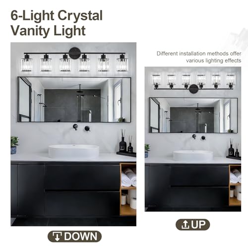 Image of Modern Black Crystal Bathroom Light Fixtures,6-Light