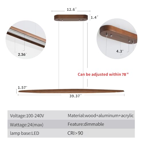 Image of YISDESIGN 39 inch Wood Linear Pendant Light LED Dimmable Hanging Light Dinning Room Light Fixture Island Lights 24w for Dining Room Kitchen Island Bar Walnut Color