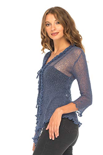 Shu-Shi Womens Sheer Shrug Ruffle Cardigan Sweater Lightweight Knit Bolero Blue #TOP2