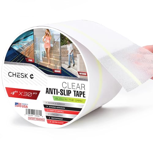 Chesk Grip Tape for Stairs – 4in x 30ft Glow in the Dark Clear Grip Tape – Adhesive Stair Treads Non-Slip Indoor and Outdoor – Anti-Slip Stair Strips for Skateboard, Shower, Floor, Steps