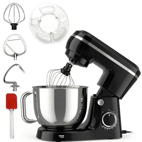 Electric Stand Mixer With 6.5Qt Bowl With Handle, Kitchen Mixer With Tilting Head For Bread Dough And Cake With Dough Hook, Whisk, Splash Guard And Egg Separator (Black)