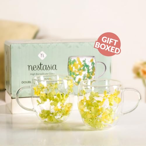 Image of Nestasia Double Wall Glass Mug with Dried Flowers Set of 2 (250ml Each) - Transparent Borosilicate Floral Glass Tea Cups | Lightweight & Durable Coffee Mugs - Perfect for Gifting (Yellow)