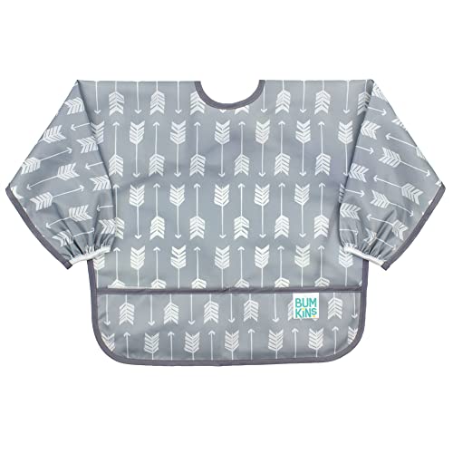 Image of Bumkins Sleeved Bib for Girl or Boy, Baby and Toddler for 6-24 Mos, Essential Must Have for Eating, Feeding, Baby Led Weaning Supplies, Long Sleeve Mess Saving Food Catcher, Soft Fabric, Gray Arrows