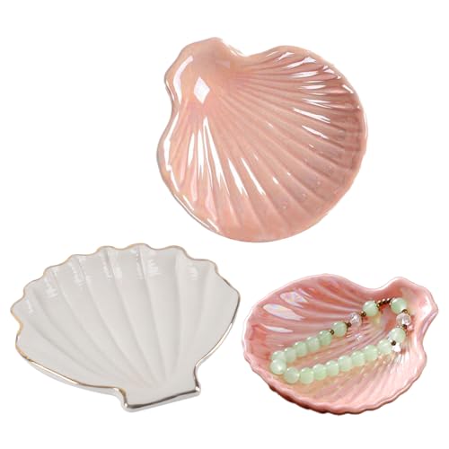 Coupe à Bijoux,Mengger 2 pièces Plateau à Bijoux en Céramique,Plateau à Bijoux en Forme de Coquillage,Rangement à Bijoux en Céramique,Coupelles Décoratives Petite Coupelle à Bagues(Blanc Rose)