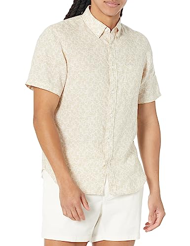 Club Monaco Men's Short Sleeve Linen Deco Print Shirt, Tan