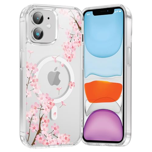 Saqmkil Handyhülle Magnetische für iPhone 12 Mini 5,4" Hülle,Kompatibel mit MagSafe, Durchsichtig Aesthetic Muster Blume...