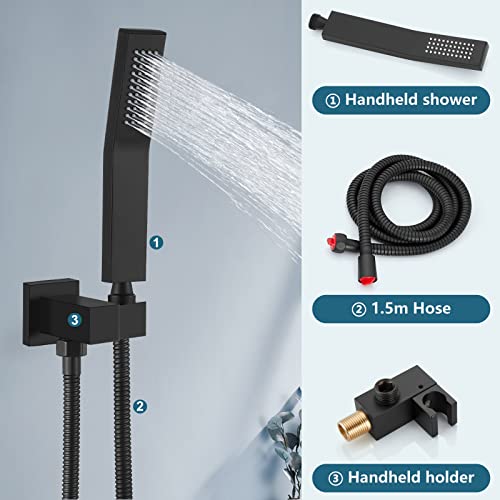 Midanya Rain Shower System Matte Black Wall Mount Shower Faucet Set 8 Inch Square High Pressure Showerhead with Hand Sprayer Rough-in Valve Body and Trim Included Mixer Shower Combo Set Bathroom