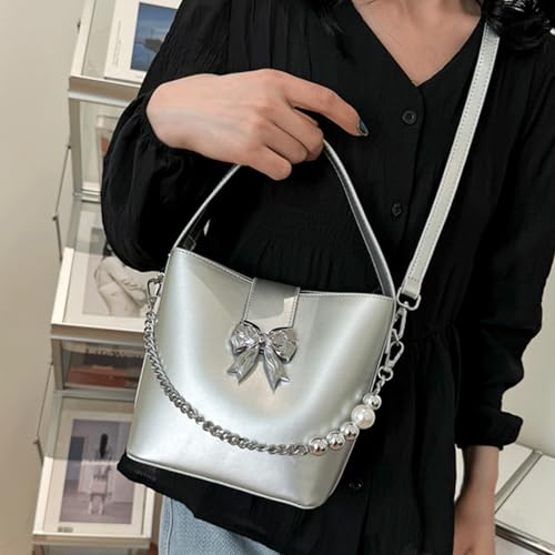Bow Purse 2 Pcs Bow Purse with Pearl Mini Top Handle Bucket Bag Pearl Chain Crossbody Shoulder Bags Trendy Gift2
