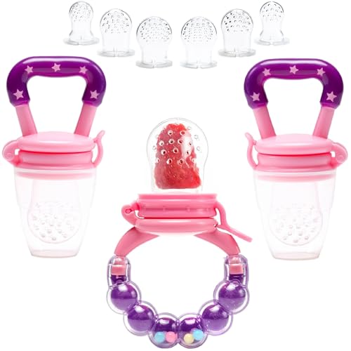 Image of Shakar Baby Fruit Feeder Pacifier - 3 Pack Silicone Baby Food Feeder Pacifiers | Silicone Teether Feeder | Baby Food Pacifier Feeder (Pink)