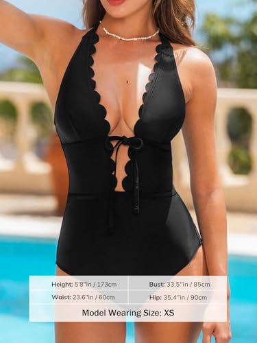 CUPSHE Women's One Piece Swimsuit Bathing Suits Halter Deep V Neck Self Tie Cutout Scalloped Swimwear4