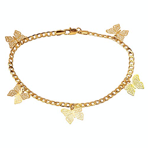18K Gold/White Gold Plated Butterfly Anklet for Women Teen Girls, 4mm Cuban Curb Link Chain Ankle Bracelet, 9 10 11 inches, Never Tarnish (18K-gold, 11)
