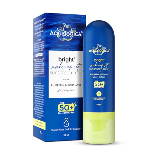 Image of Aqualogica Bright+ Makeup-Set Sunscreen Mist SPF 50+ PA++++ with Blueberry & Kojic Acid | Ultra-Fine Mist for Easy Application over Makeup | Quick Drying | Sets Make-Up | No White Cast | Easy Reapplication | Hydrates & Refreshes | 80 ml