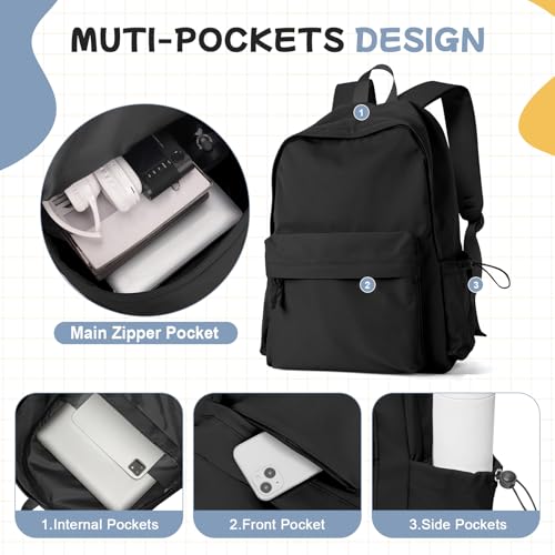 Image of Black School Backpack for Girls Women Waterproof High School Book Bag Cute Backpack for Men Teens Boys, Lightweight Simple Middle School Back Pack Daypack