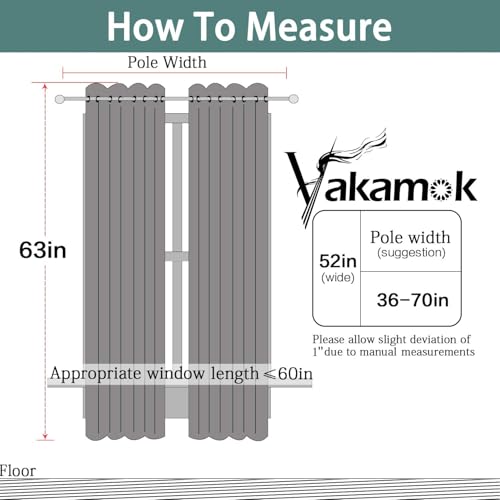 Yakamok Room Darkening Thermal Insulated Grommet Small Curtain Bonus 2 Tie Backs Included,Set of 2,Greyish White,52" Wide x 63" Long