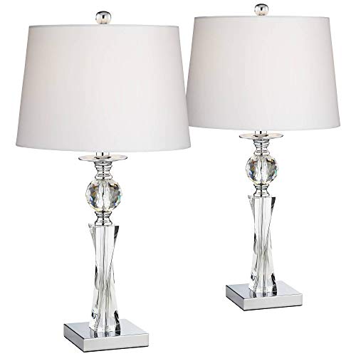 Vienna Full Spectrum Julian Modern Glam Luxury Table Lamps 25" High Set Of 2 Twisted Clear Crystal Glass Column White Drum Shade For Living Room Bedroom House Bedside Nightstand Home Office Reading #TOP28
