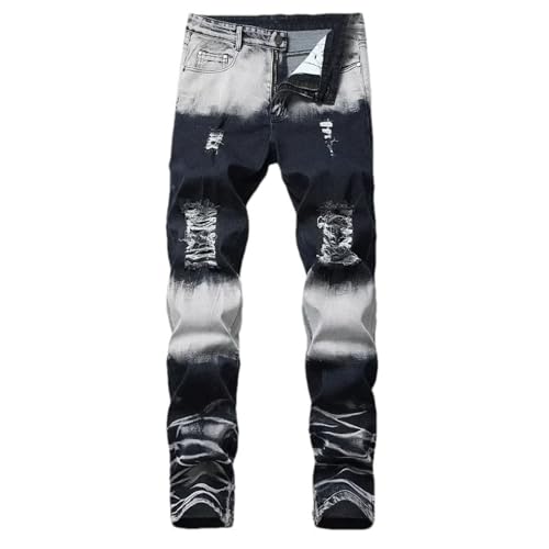Men's Zippered Ripped Jeans High Street Motorcycle Straight Slim Fit Casual Fashion Denim Trousers