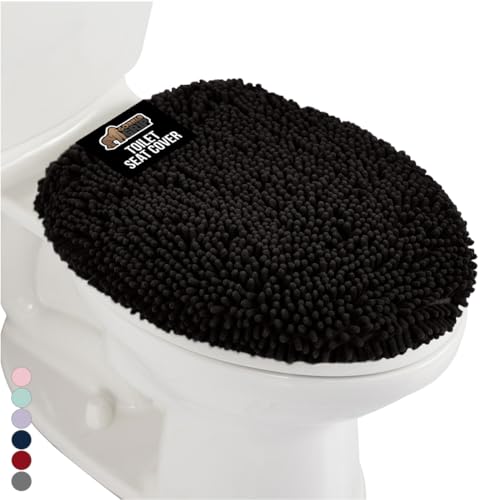 Image of Gorilla Grip Original Shag Chenille Bathroom Toilet Lid Cover, 19.5 x 18.5 Inches Large Size, Machine Washable, Ultra Soft Plush Fabric Covers, Fits Most Size Toilet Lids for Bathroom, Black