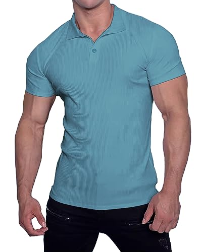 Muscle Cmdr Hommes Coupe Ajustée Muscle Polos Manches Courtes Stretch Séchage Rapide t-Shirt décontracté Golf athlétique T-Shirts (Bleu M)