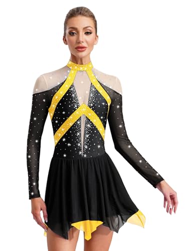 MSemis Vestido de Patinaje Artístico para Mujer Leotardo Gimnasia de Manga Larga con Brillante Maillot con Falda Ballet Lírico de Gasa Dobladillo Irregular en Capas S-XXL Negro S