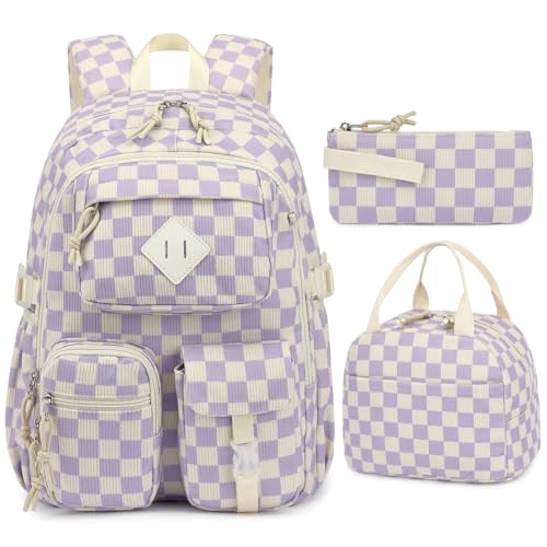 Corduroy 3-Piece Backpack Set for Girls Boys School Bookbag, Kids Backpacks with Lunch Box and Pencil Case (Ages 8-18)-Purple Checkered