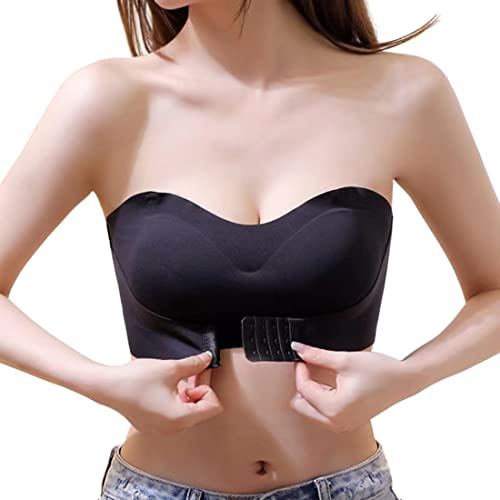 YINGKE Mujer Sujetador sin Tirantes Tubo con Relleno sin Costuras Parte Superior sin Aros Hebilla Frontal Bralette Invisible Push Up Bra (S, Negro) Cover