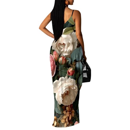 Image of Women's Summer Maxi Dress Spaghetti Strap Floral Boho Beach Long Sundress with Pockets