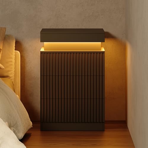 Image of Fluted Nightstand with Hidden Charging Station, LED Light, USB Ports, AC Outlets, Sliding Top, 3 Drawer Storage, Modern Bedside Table for Bedroom, Black