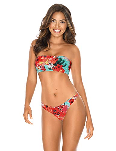 RELLECIGA Women's Blue Floral Bathing Suit Adjustable Back Lace-up Bandeau Bikini Set Size Medium