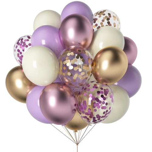 Image of Purple & Gold Balloons - 60pcs 12inch Metallic Lavender & Champagne Balloons with Confetti for Graduation, Wedding, Birthday & Anniversary Celebrations