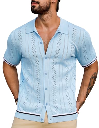 URRU Men's Knit Button Down Polo Shirt Short...