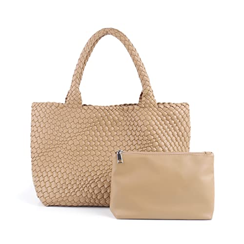 Image of Woven Tote Bag for Women Retro Handwoven Shoulder Travel Handbag Large Capacity Hobo Vegan Leather Bags with Purse