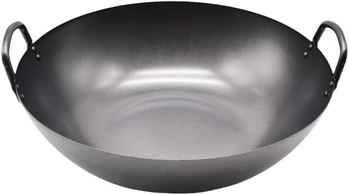 14" Heavy Duty Carbon Steel Wok Pan with Flat Bottom (Dual Handle Steel Rod), Hard Anodized Titanium Non Stick Coating for Commercial Stovetop Gas Electric Ceramic & Induction