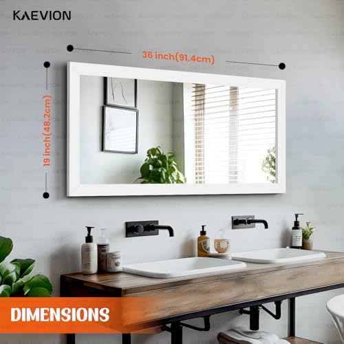 Image of White Framed Bathroom Wall Mirror, 36 inch x 19 inch Wall Mounted Rectangle Mirror with 5mm HD Shatterproof Glass, Vertical & Horizontal Hanging Vanity Mirror for Bedroom, Living Room, Entryway