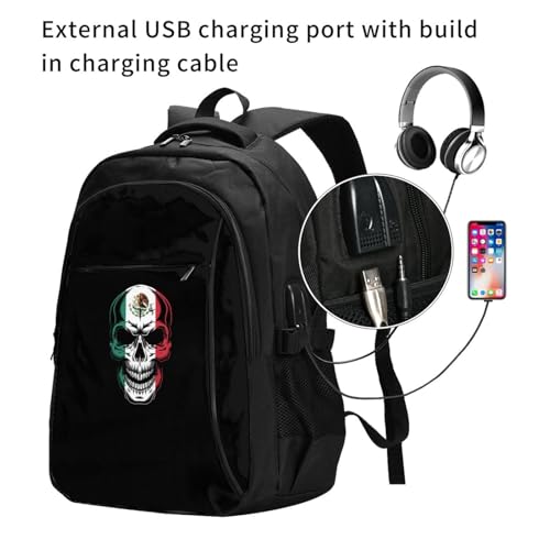 Skull Flag Of Mexico Travel Backpack, Extra Large 50L Laptop Backpacks for Men Women, College Backpacks Work Bag with USB Charging Port Fits 17 Inch Computer, Black3