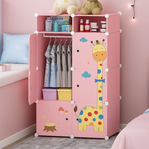 Image of EXVITO 6+2 Door Kids Plastic Wardrobe for Clothes, Foldable Plastic Almirah for Clothes, Collapsible Wardrobe for Storage, Baby Cupboard for Clothes, Storage Rack for Kids - Dyno Pink