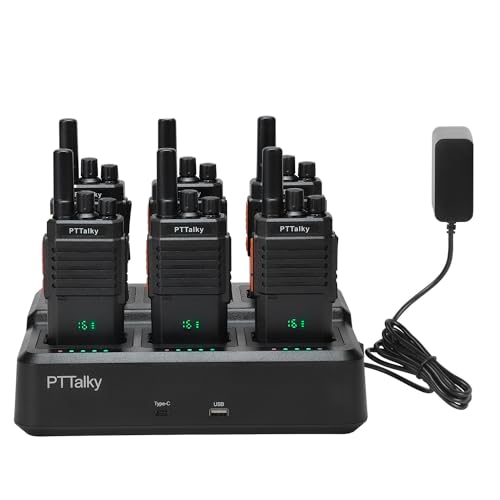 PTTalky PR2 Plus Walkie Talkie PMR446 sin Licencia,16 Canales Walkies Profesionales,con Display Cargador de 6 Vías Walkie Talkie Largo Alcance,para Comercial, Hotel(Negro, 6 Piezas)