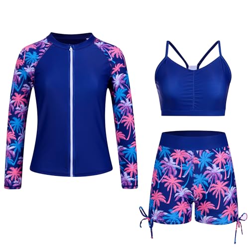 Image of Funnycokid Girls Swimsuit 3 Pieces Long Sleeve Rash Guard Zip Bathing Suits Teens Boyshort 3-14 Years