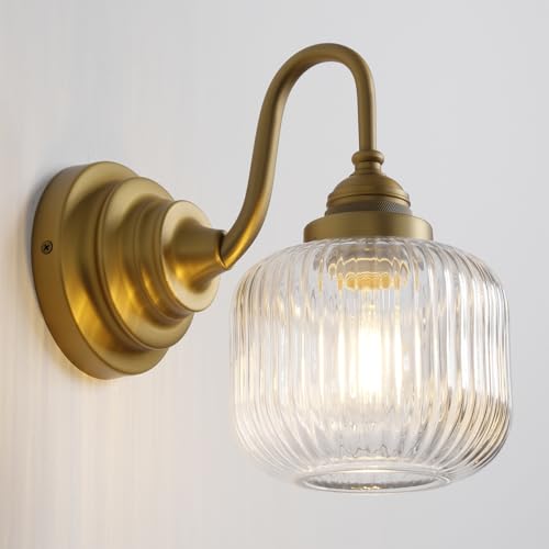 Image of Vintage Industrial Wall Sconce Lighting with Clear Striped Glass Shade, Hardwired Wall Vanity Light Fixture for Bathroom Kitchen Living Room Bedroom Hallway